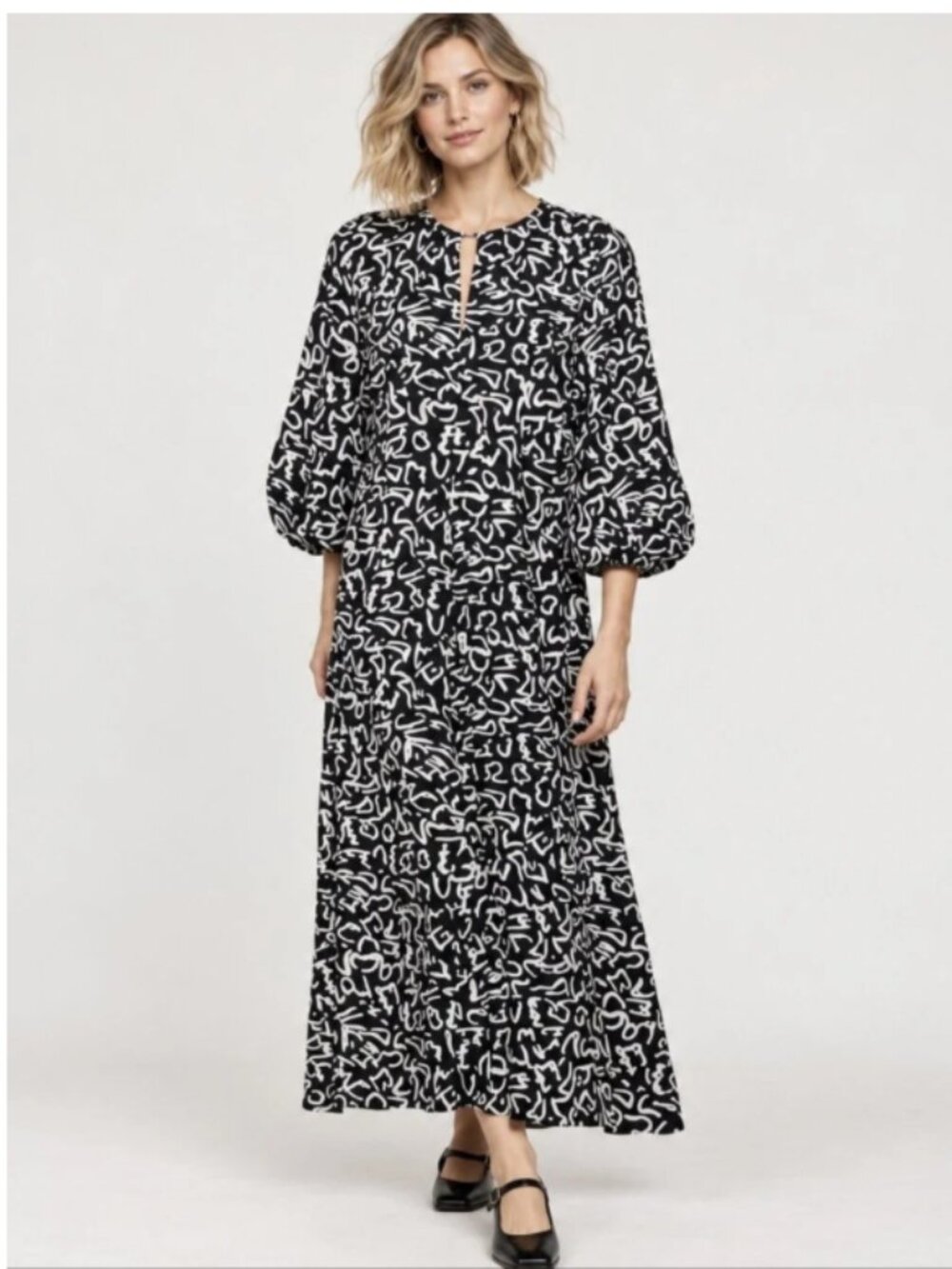 Zara Midi Black and White Abstract Print Keyhole Midi Dress, Balloon Sleeves, XS